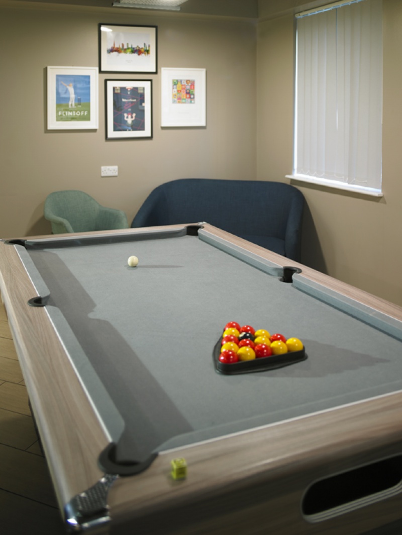 Pool table in the social area at Canterbury Hall Preston accommodation