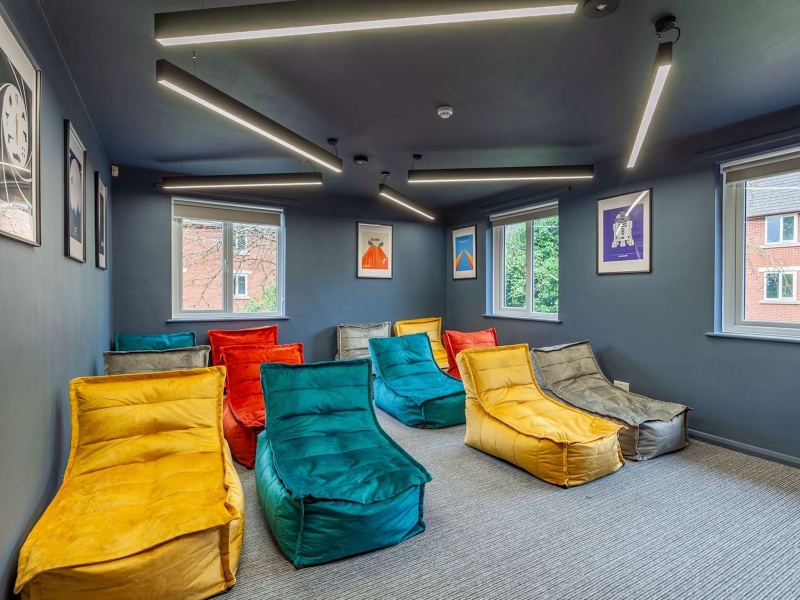 Student common room with colorful bean bags in Calthorpe Court, Birmingham