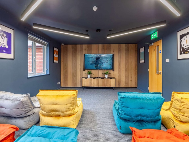 Common room with bean bag seating and a large TV in Calthorpe Court, Birmingham