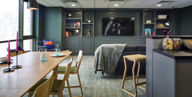 Communal living area with sofas and TV at Nurtur House accommodation