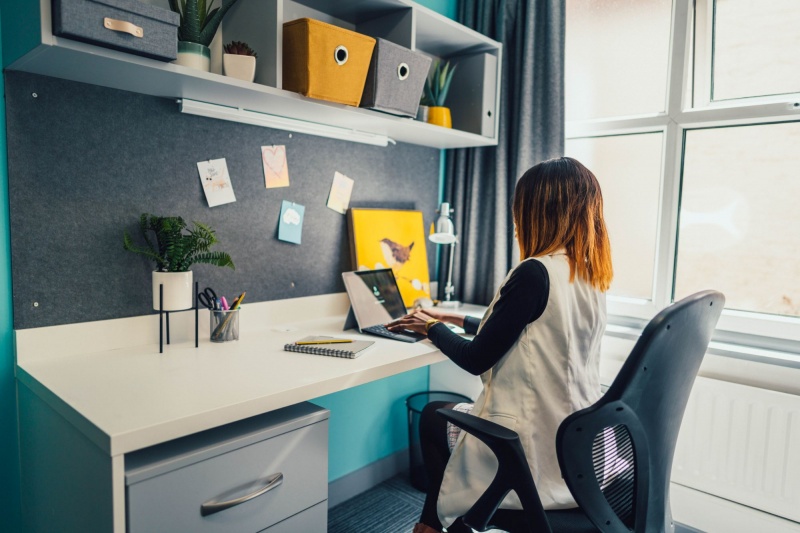 Student at her Study desk in her room at Pennine House Leicester