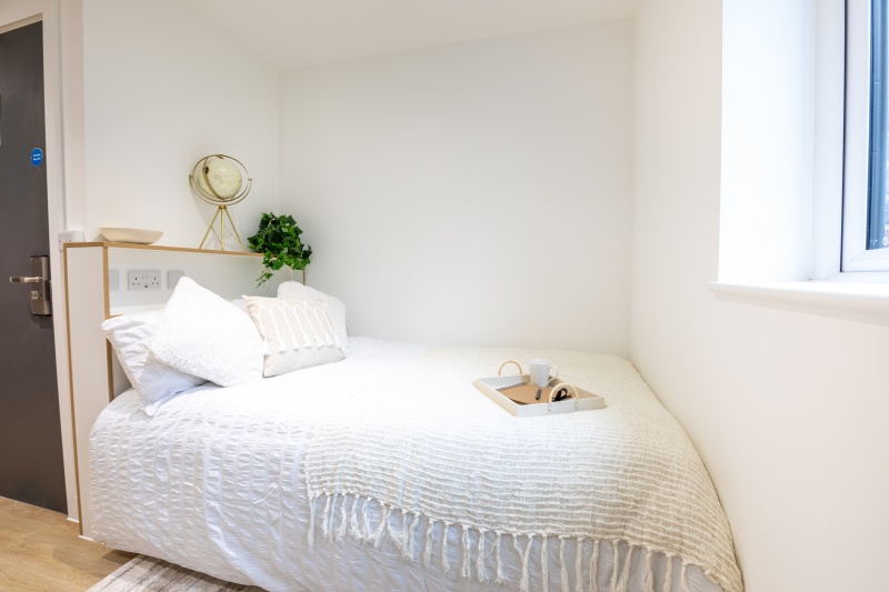 A premier ensuite bedroom with a bed, study desk, and large window for natural light