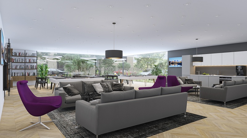 Communal lounge area in Aire student accommodation with comfortable seating and large windows