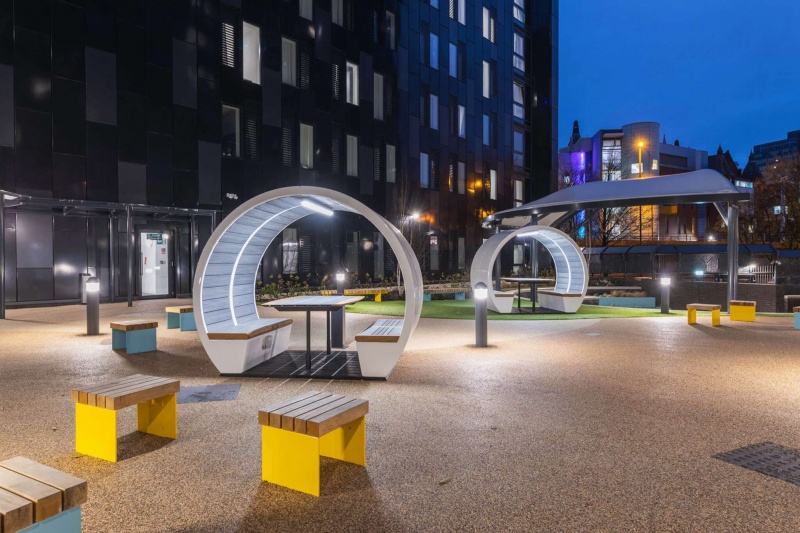 Outdoor seating pods at Onyx Birmingham student accommodation