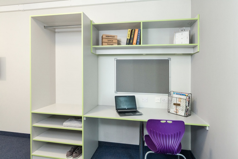 Study desk, chair and storage at the Quayside Court accommodation in Newcastle