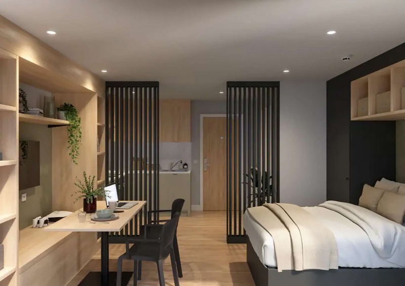 Studio apartment at Fusion Liverpool with modern furniture and a well-organized layout.