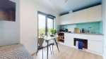 Kitchen in Studio: Modern kitchen with light cabinetry, stove, and microwave.