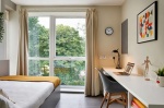 A stylish, functional bedroom with a study desk, bed, and contemporary decor at Saw Mill accommodati