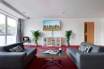 A bright and spacious common area with two grey sofas, a flat-screen TV, and plants, perfect for soc