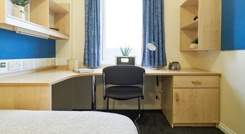 Single room for students with study desk and window, at Foundry Court, Preston