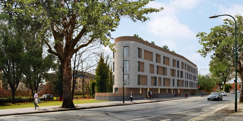 Exterior view of Graystacks, Nottingham, a modern multi-story building on a tree-lined street.