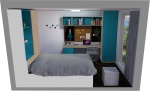 Rendered design of a modern student bedroom with a study desk and built-in storage.