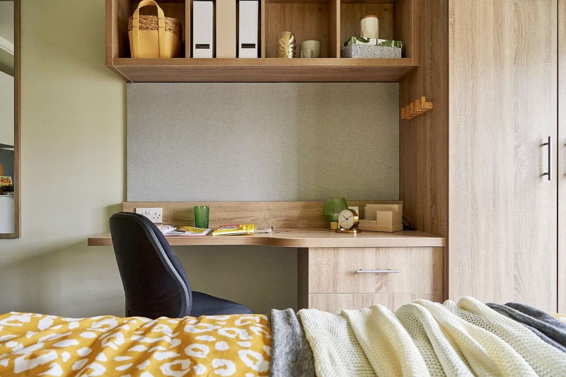 student bedroom with bed, desk, and storage, Selly Oak Residence Hall