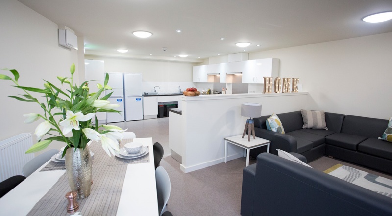 Open-plan living area at Powis Place, Aberdeen featuring a dining table, kitchen, and cozy sofa