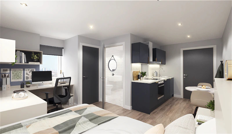 stylish studio apartment featuring a compact kitchenette and an en-suite bathroom at 26 Great George